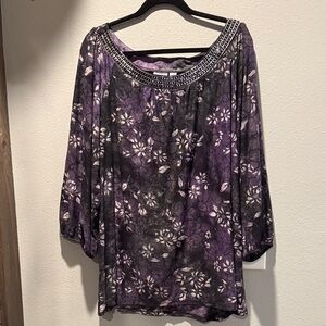 Cato Elegant Embellished Round Neck Purple Floral Women's Top 26/28